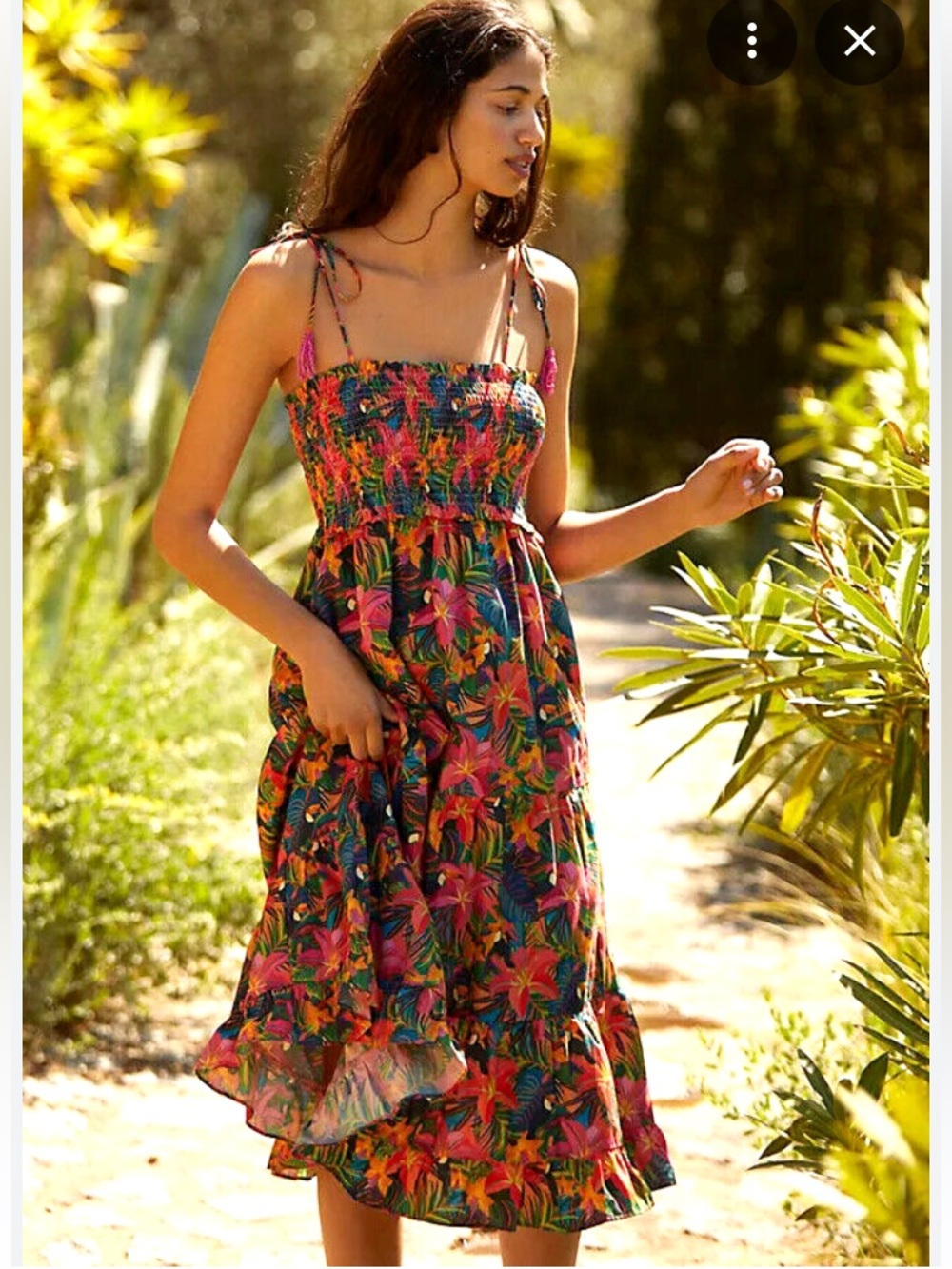 Anthropologie Farm Rio Tropical Toucan Floral Smocked Beaded Tassel Mid Dress M